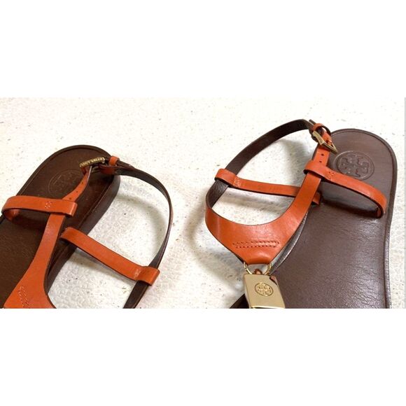 Tory Burch Women's Orange Sandals Leather Padlock Flat Logo Ankle T Strap 6M - Picture 4 of 6